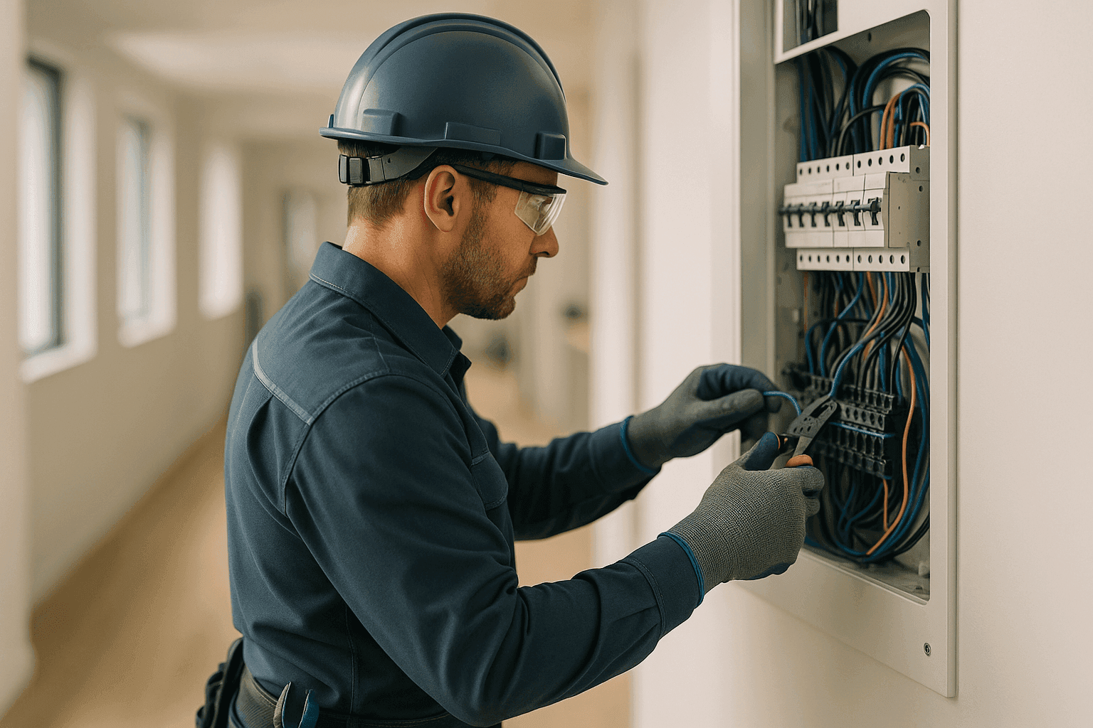 Electrician wearing safety gear working with wiring at a clean residential or commercial site in West Bend