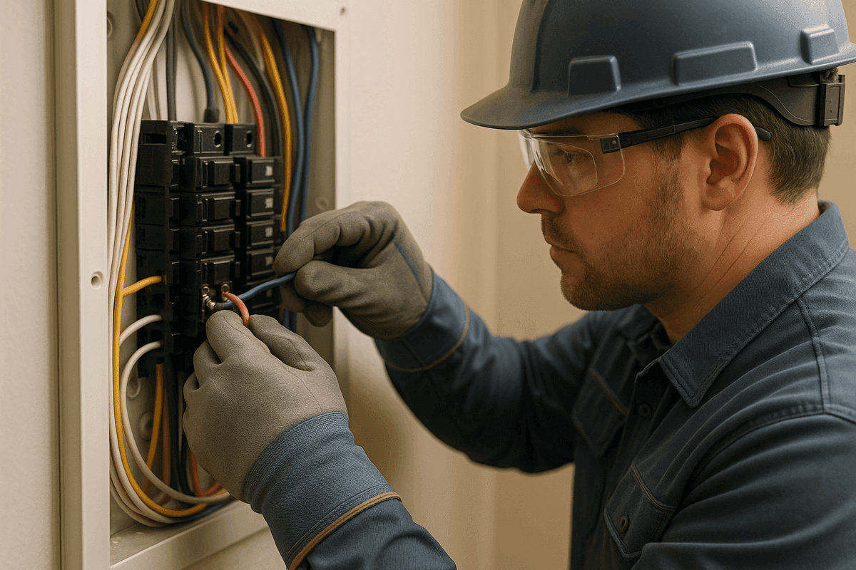 Close-up of electrician's gloved hands connecting wires inside a residential electrical panel in West Bend