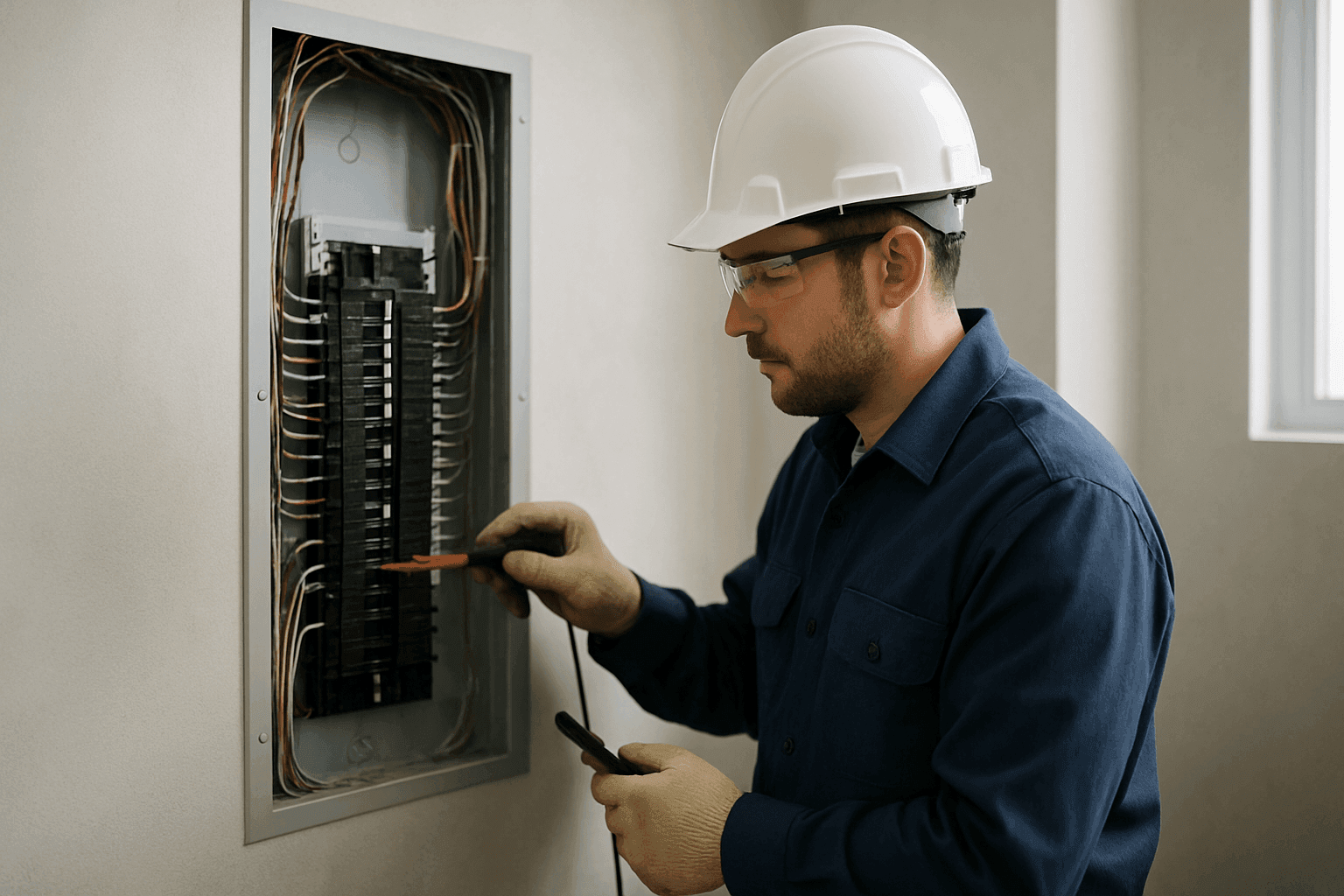 Electrician inspecting modern electrical panel