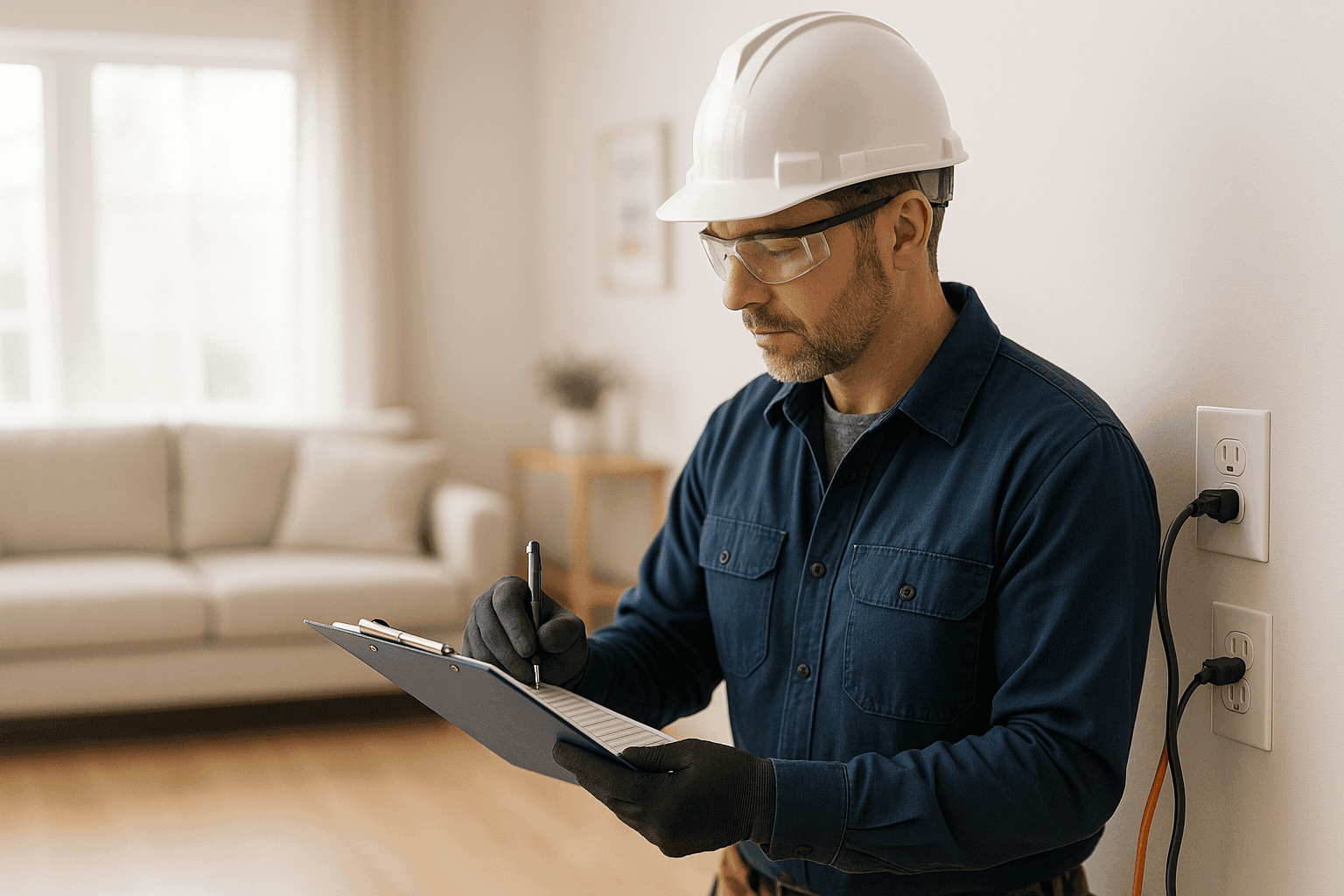 Electrician reviewing safety checklist in living room