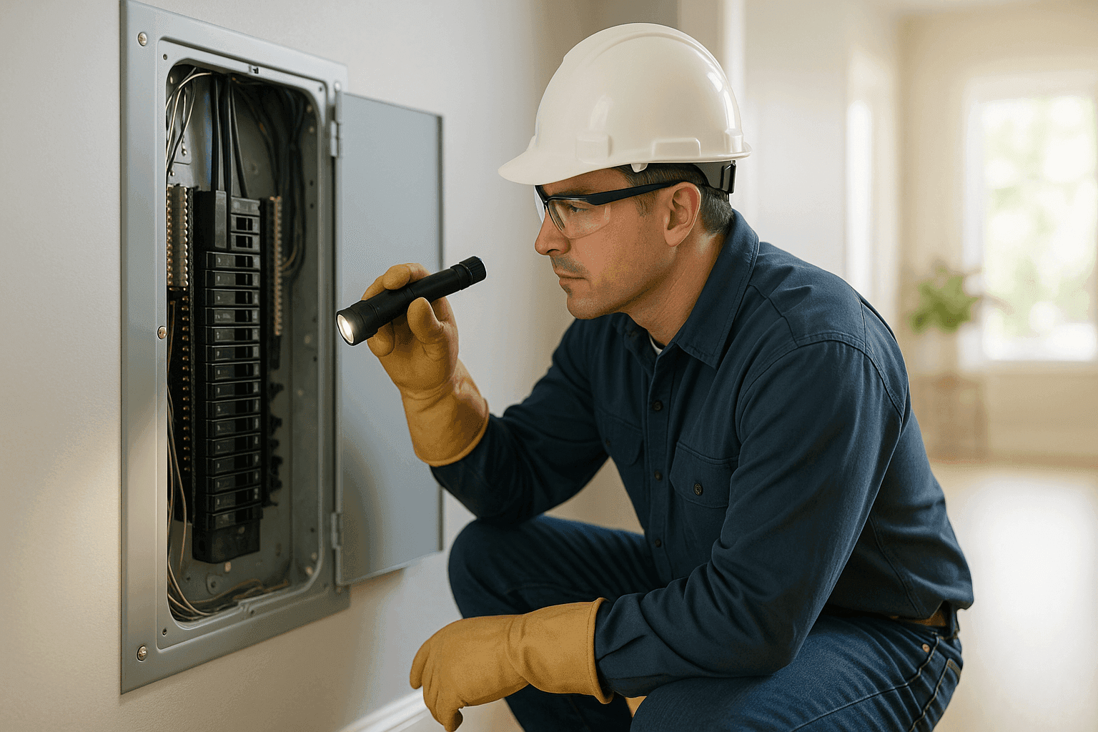Electrician assessing circuit panel during emergency call