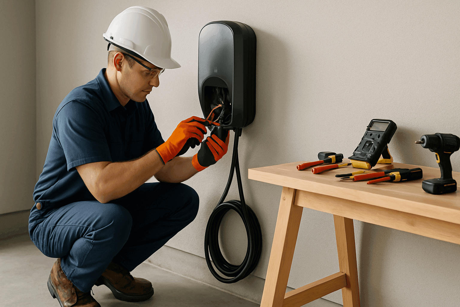 Electrician installing EV charger in garage