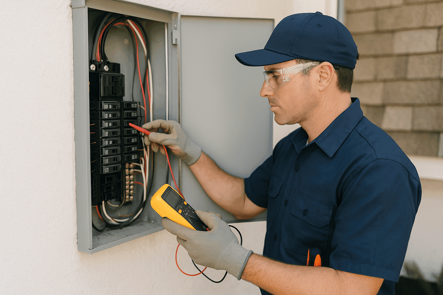 Electrician performing a home electrical system safety inspection