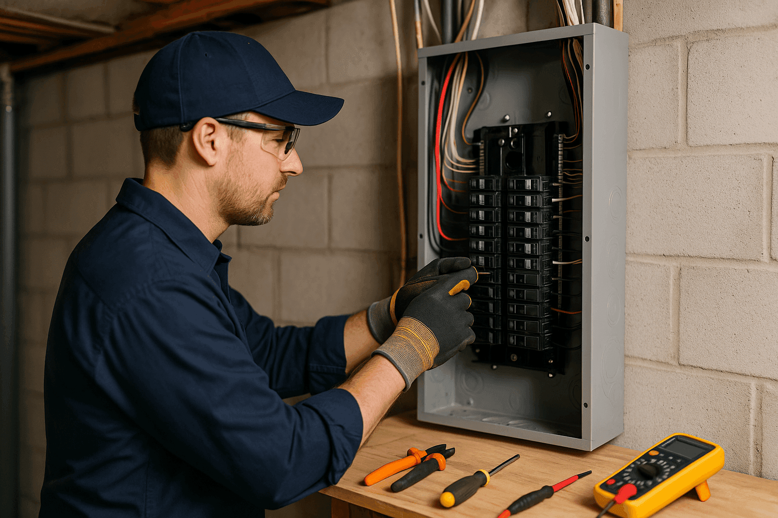 Electrician upgrading home electrical panel with new circuit breakers and wiring