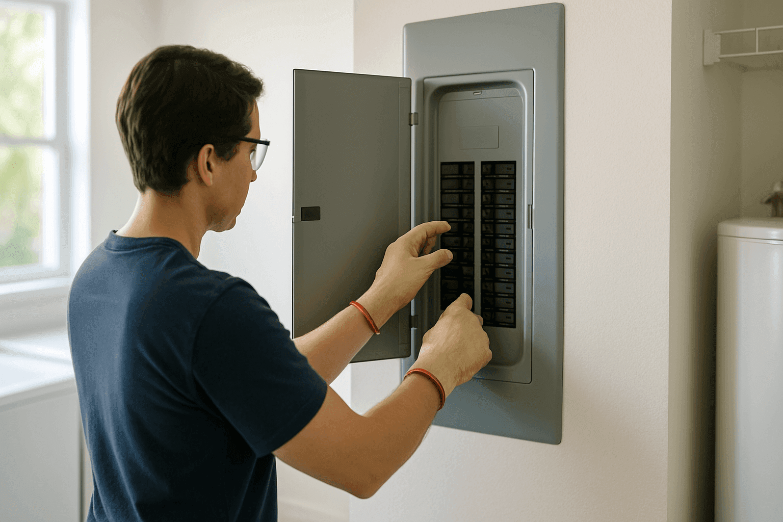 Homeowner checking electrical breaker panel